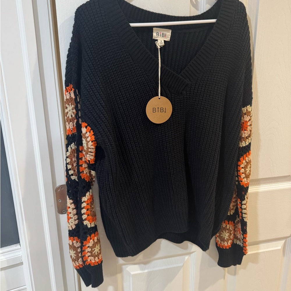 BiBi Black and Orange V-Neck Sweater with Ornamental Sleeves